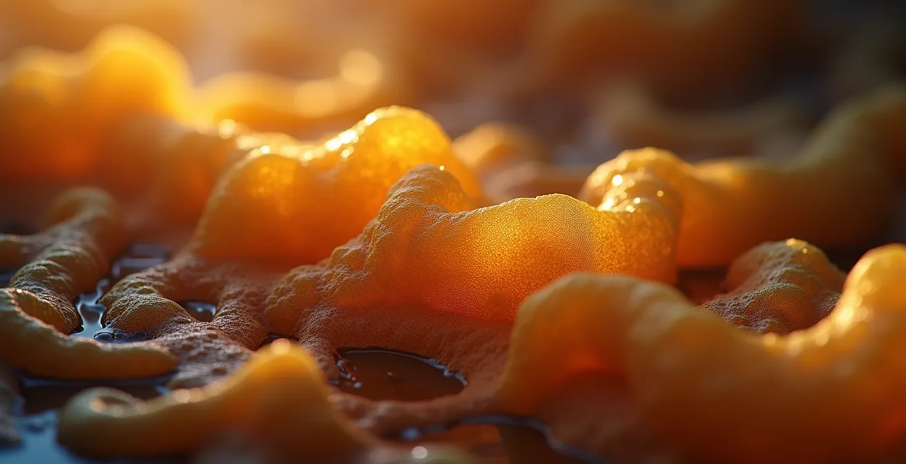 Abstrakte makroskopische Darstellung von Fettzellen, die den Zusammenhang zwischen viszeralem Fett und Herzgesundheit symbolisieren.