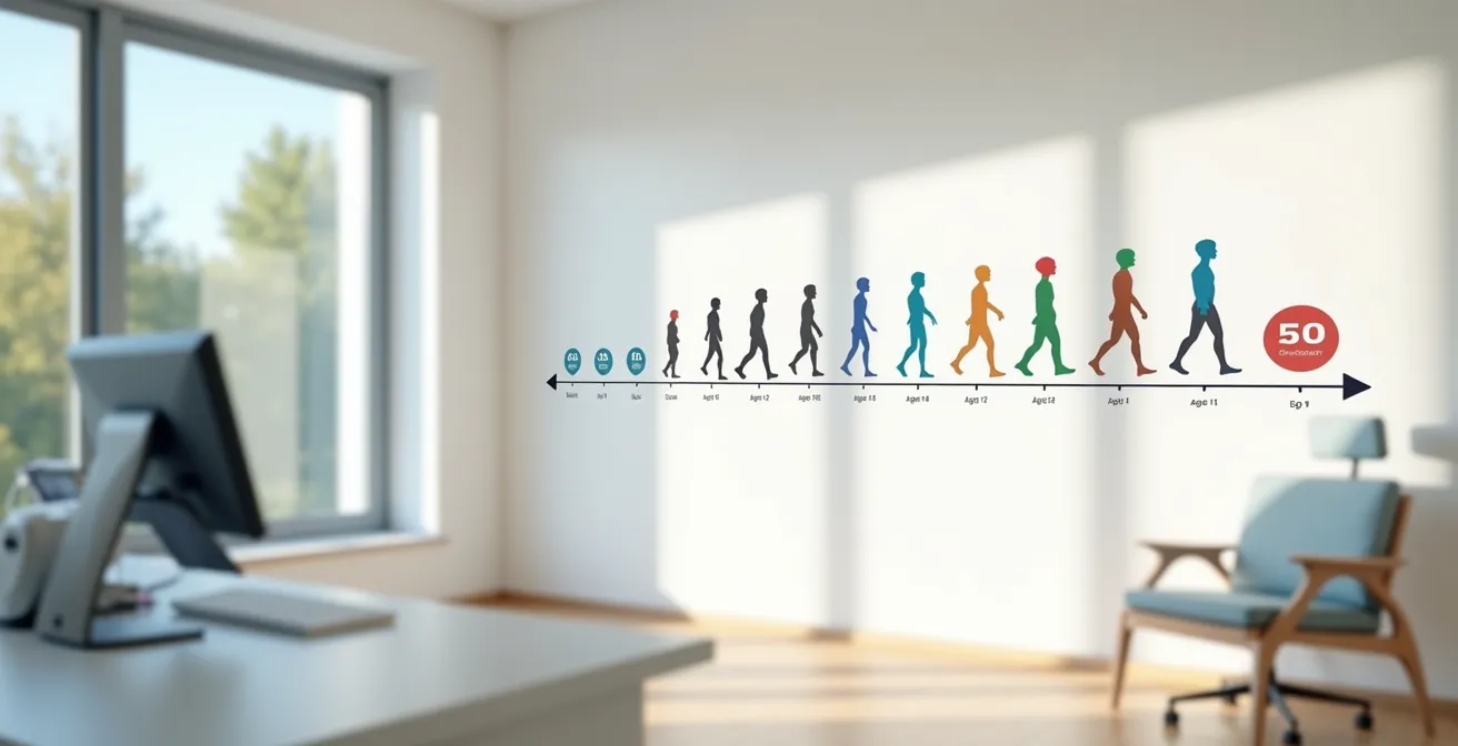 Zeitstrahl der Vorsorgeuntersuchungen für Hochrisikopatienten, der zeigt, dass Prävention früher als mit 35 Jahren beginnen sollte.