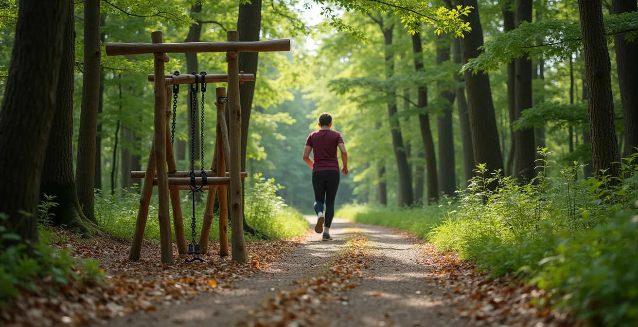 Menschen nutzen einen modernen Trimm-dich-Pfad im deutschen Wald für moderate Bewegung